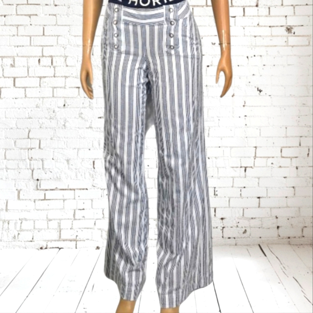 London Jean Chino Wide Leg Pants 100% Cotton Striped Barrel Sailor Nautical Sz 6